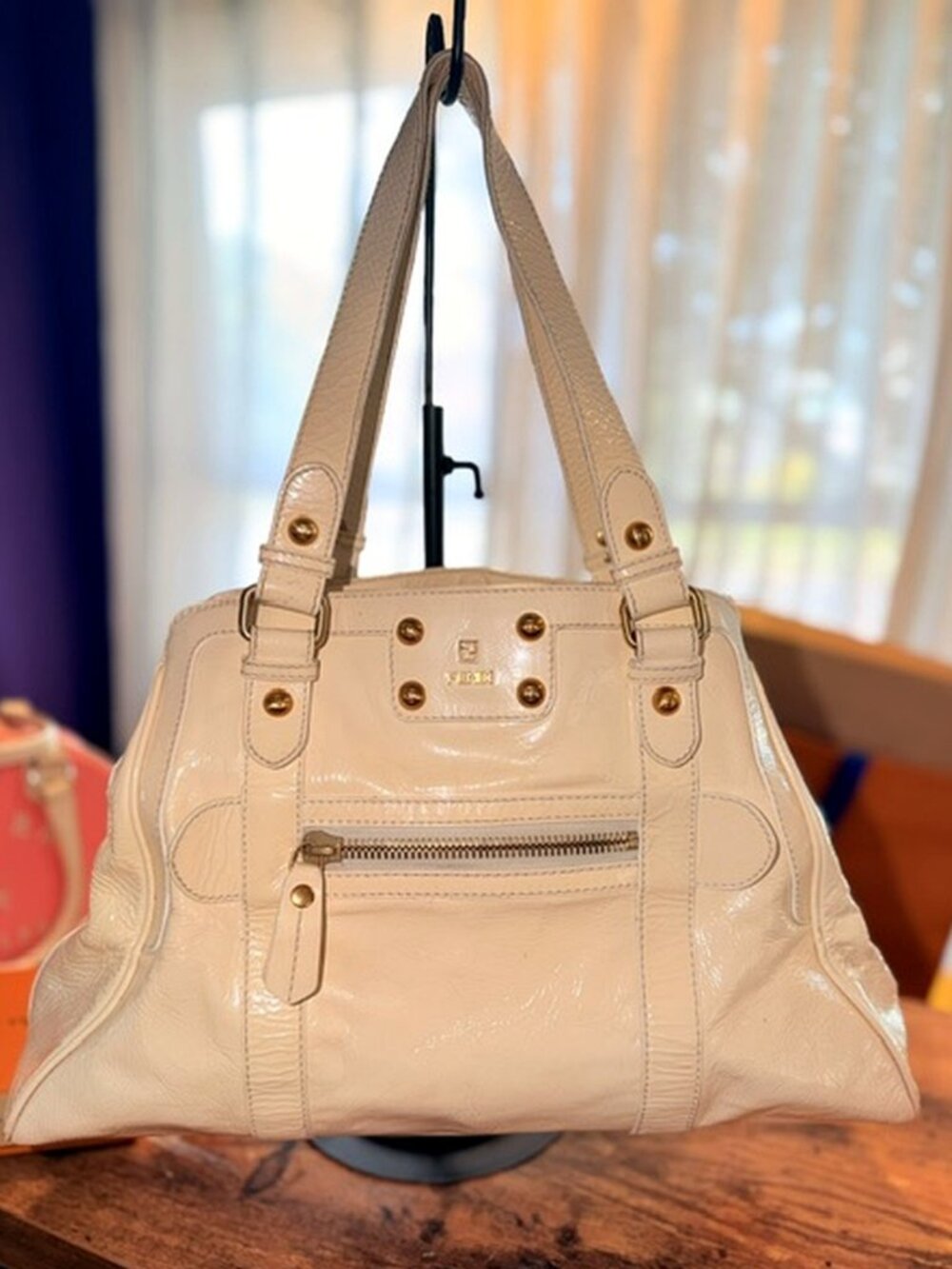 Fendi De Jour Tote Beige Crinkled Patent Leather Vintage EUC. RARE.